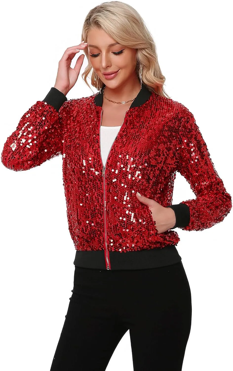 Womens Sequin Jacket Long Sleeve Zipper with Pockets Casual Party Sequin Bomber Jacket