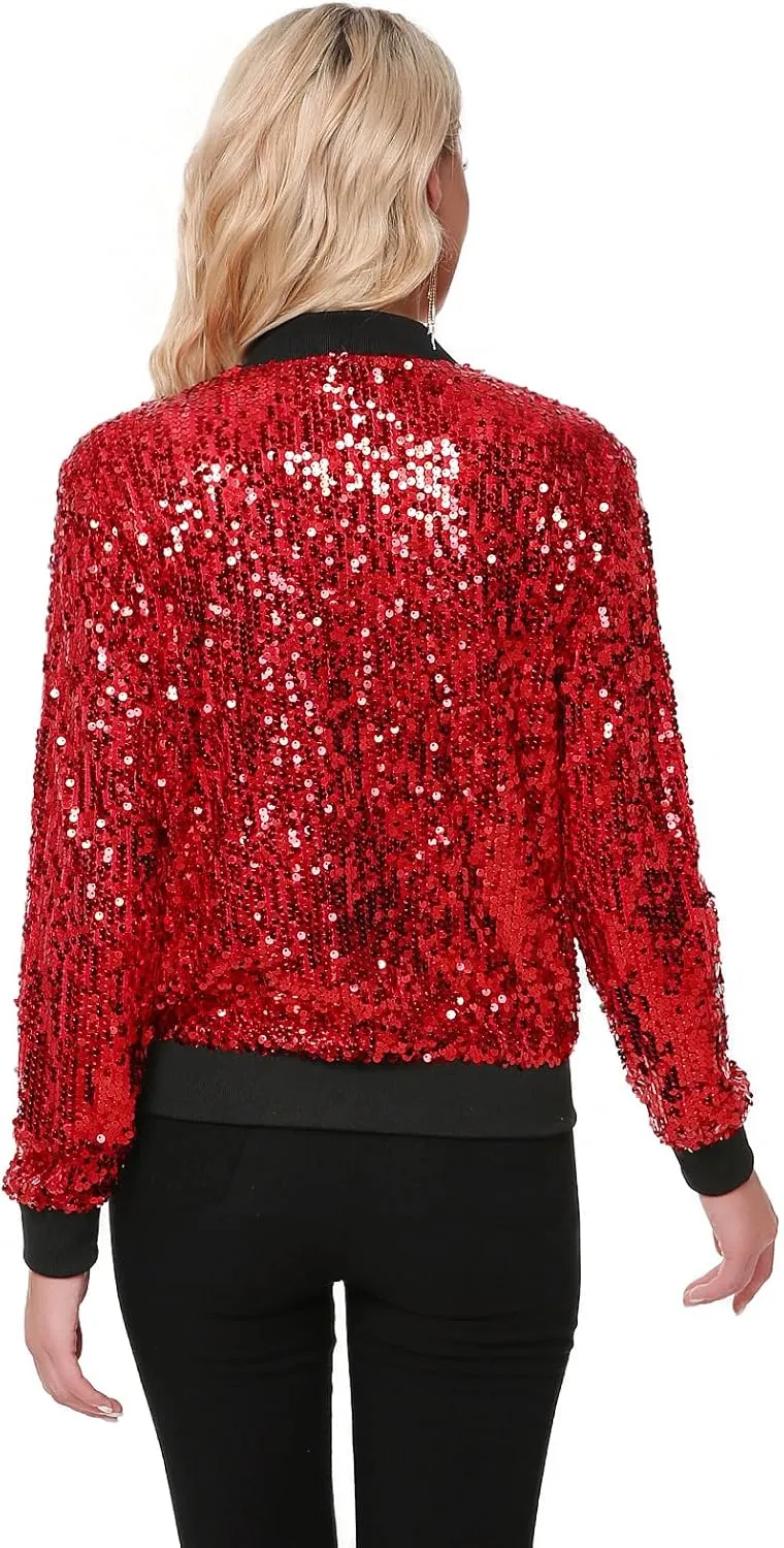 Womens Sequin Jacket Long Sleeve Zipper with Pockets Casual Party Sequin Bomber Jacket