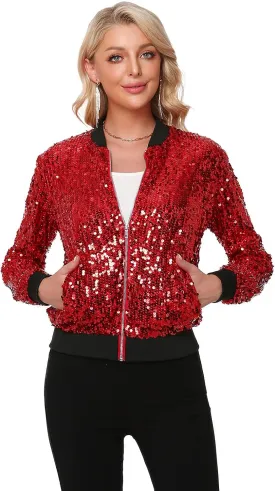 Womens Sequin Jacket Long Sleeve Zipper with Pockets Casual Party Sequin Bomber Jacket