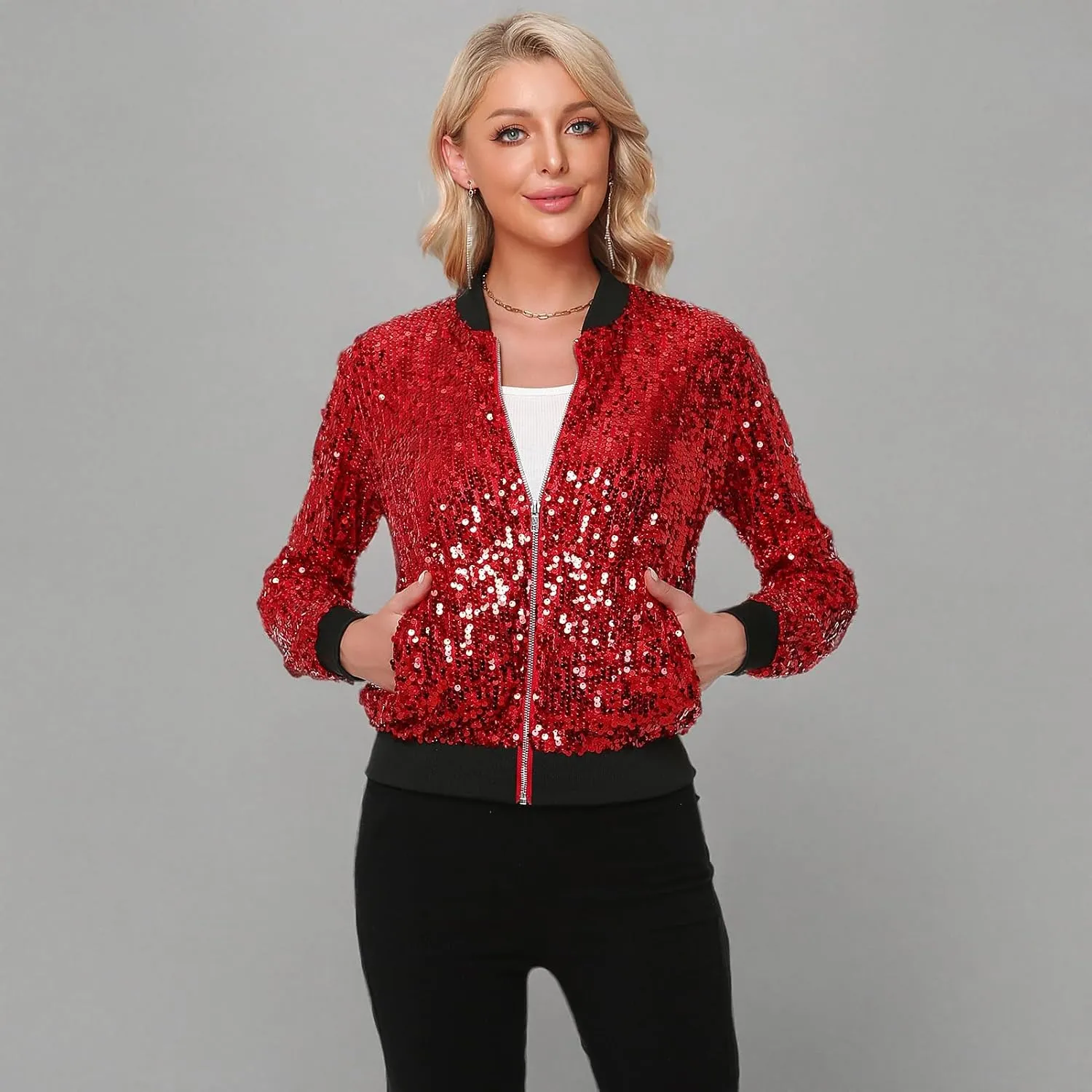Womens Sequin Jacket Long Sleeve Zipper with Pockets Casual Party Sequin Bomber Jacket