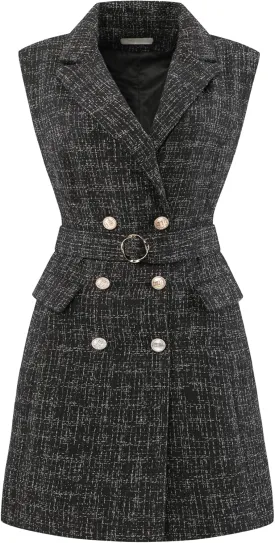 Women's Sleeveless Tweed Dress Collared Belted Button Down Work Blazer Dresses