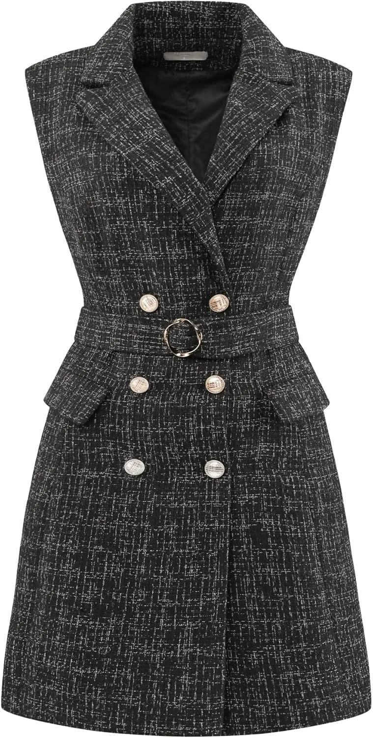 Women's Sleeveless Tweed Dress Collared Belted Button Down Work Blazer Dresses