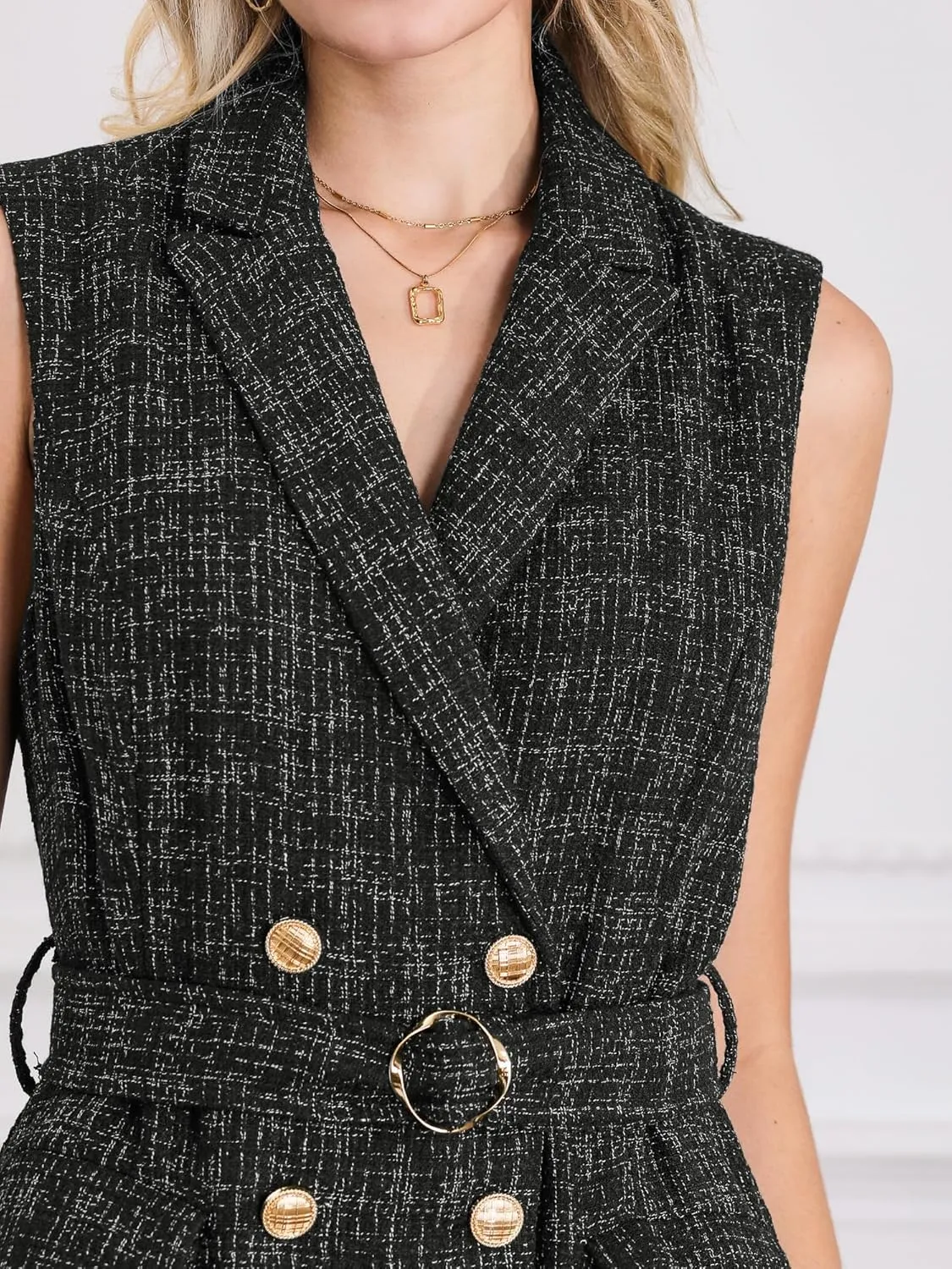Women's Sleeveless Tweed Dress Collared Belted Button Down Work Blazer Dresses