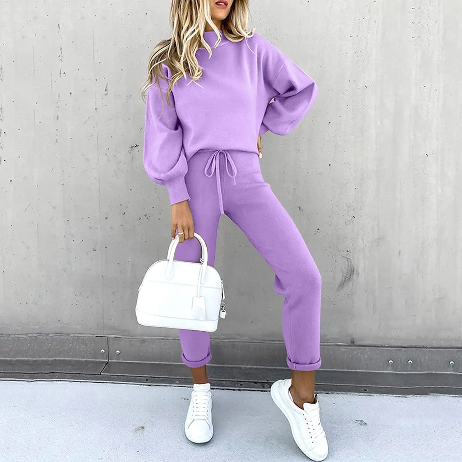 Womens Sweatsuits 2 Piece Set Airport Outfits for Women Crewneck Long Sleeve Sweatshirts Drawstring Pants Tracksuits