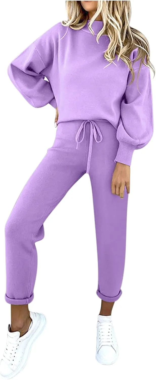 Womens Sweatsuits 2 Piece Set Airport Outfits for Women Crewneck Long Sleeve Sweatshirts Drawstring Pants Tracksuits