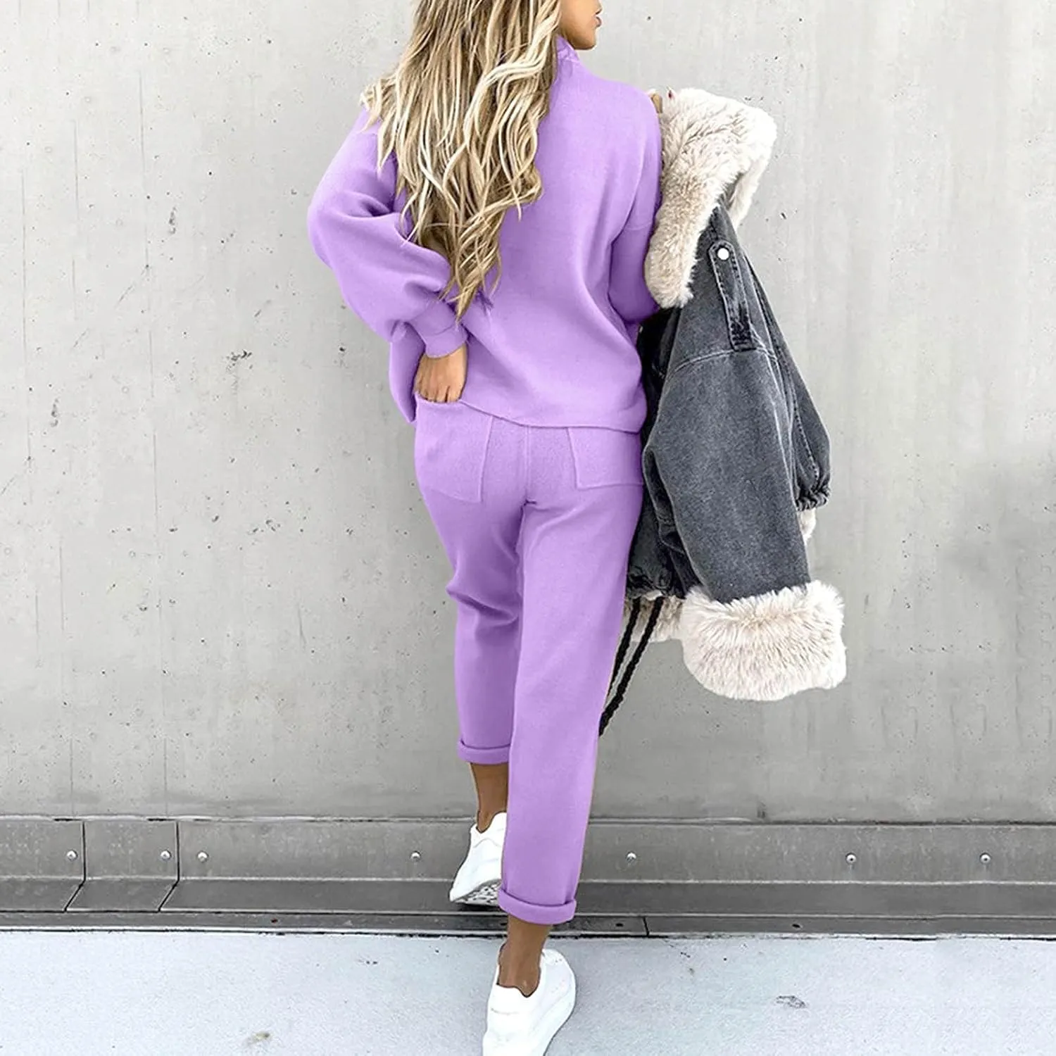 Womens Sweatsuits 2 Piece Set Airport Outfits for Women Crewneck Long Sleeve Sweatshirts Drawstring Pants Tracksuits