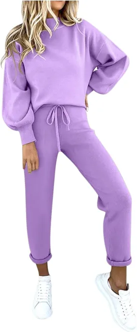 Womens Sweatsuits 2 Piece Set Airport Outfits for Women Crewneck Long Sleeve Sweatshirts Drawstring Pants Tracksuits