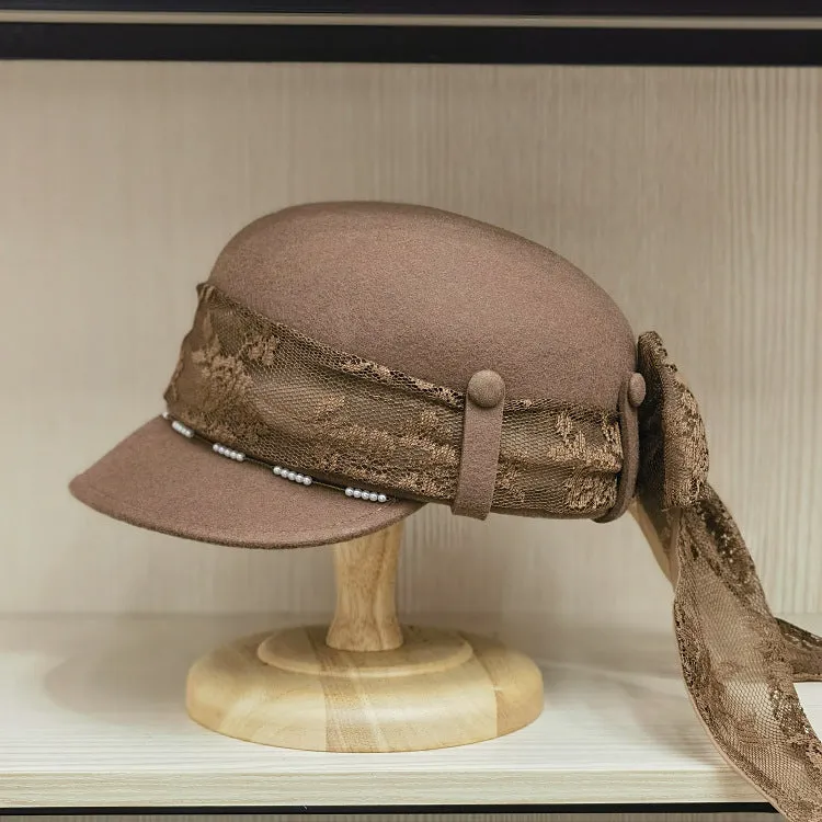Women's Wool Visor Beret with Big Lace Bowknot