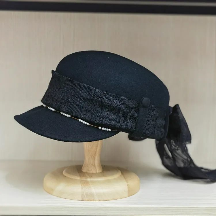 Women's Wool Visor Beret with Big Lace Bowknot