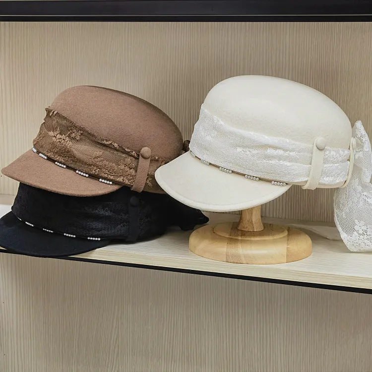 Women's Wool Visor Beret with Big Lace Bowknot