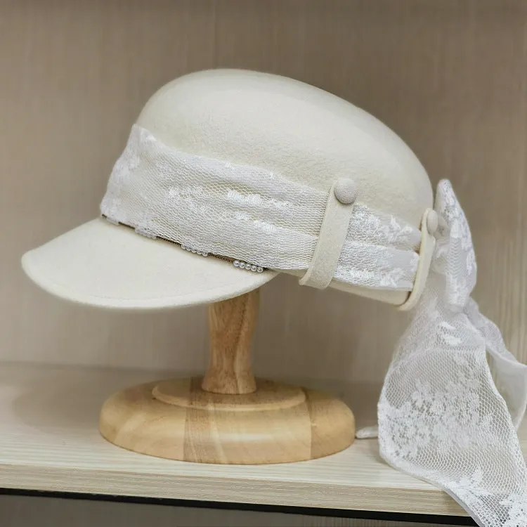 Women's Wool Visor Beret with Big Lace Bowknot