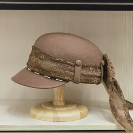 Women's Wool Visor Beret with Big Lace Bowknot