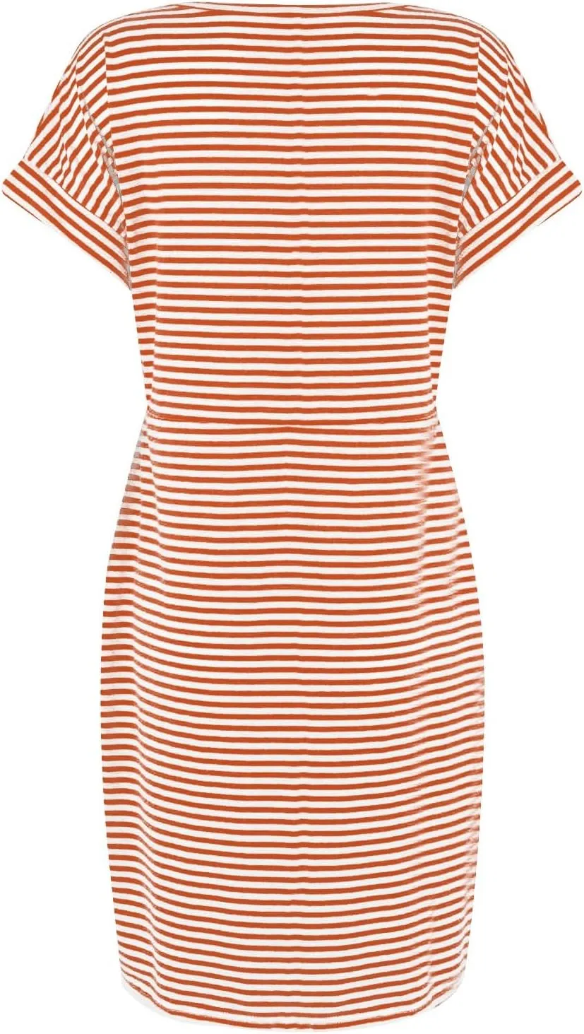 Work Striped Tshirt Dress Women Casual Tie Waist Crew Neck Short Sleeve Midi Office Dress Comfy Wrap T Shirt Dress
