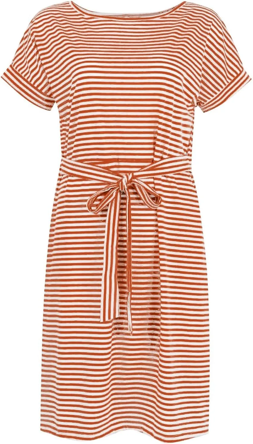 Work Striped Tshirt Dress Women Casual Tie Waist Crew Neck Short Sleeve Midi Office Dress Comfy Wrap T Shirt Dress