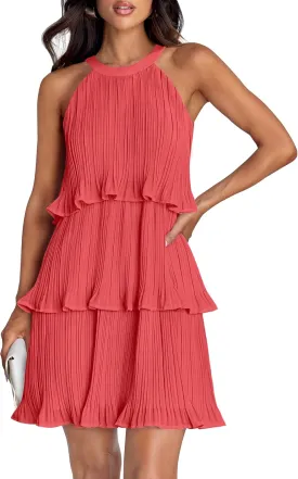 ZESICA Women's 2025 Summer Halter Dresses Sleeveless Ruffle Tiered Layered Chiffon Pleated A Line Swing Mini Dress