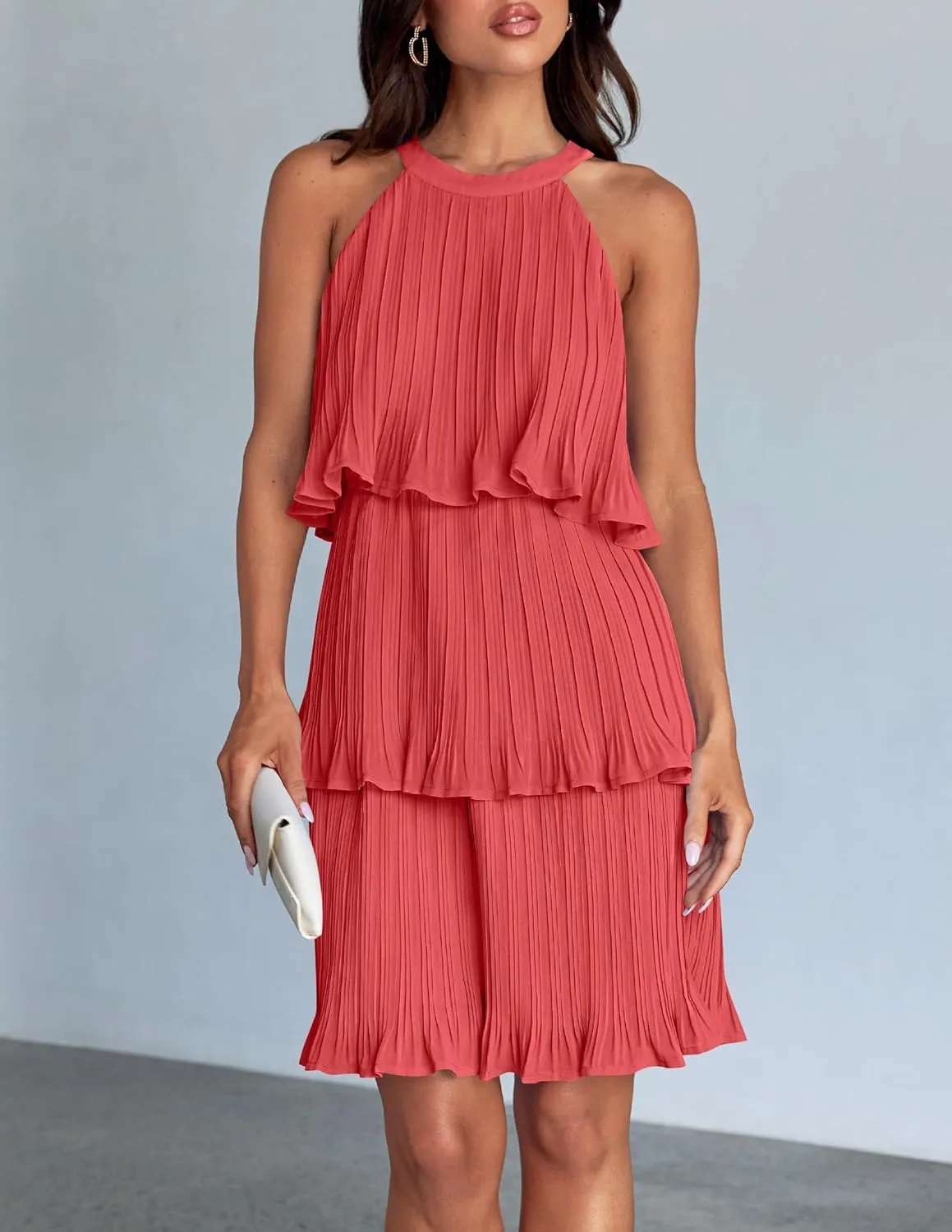 ZESICA Women's 2025 Summer Halter Dresses Sleeveless Ruffle Tiered Layered Chiffon Pleated A Line Swing Mini Dress