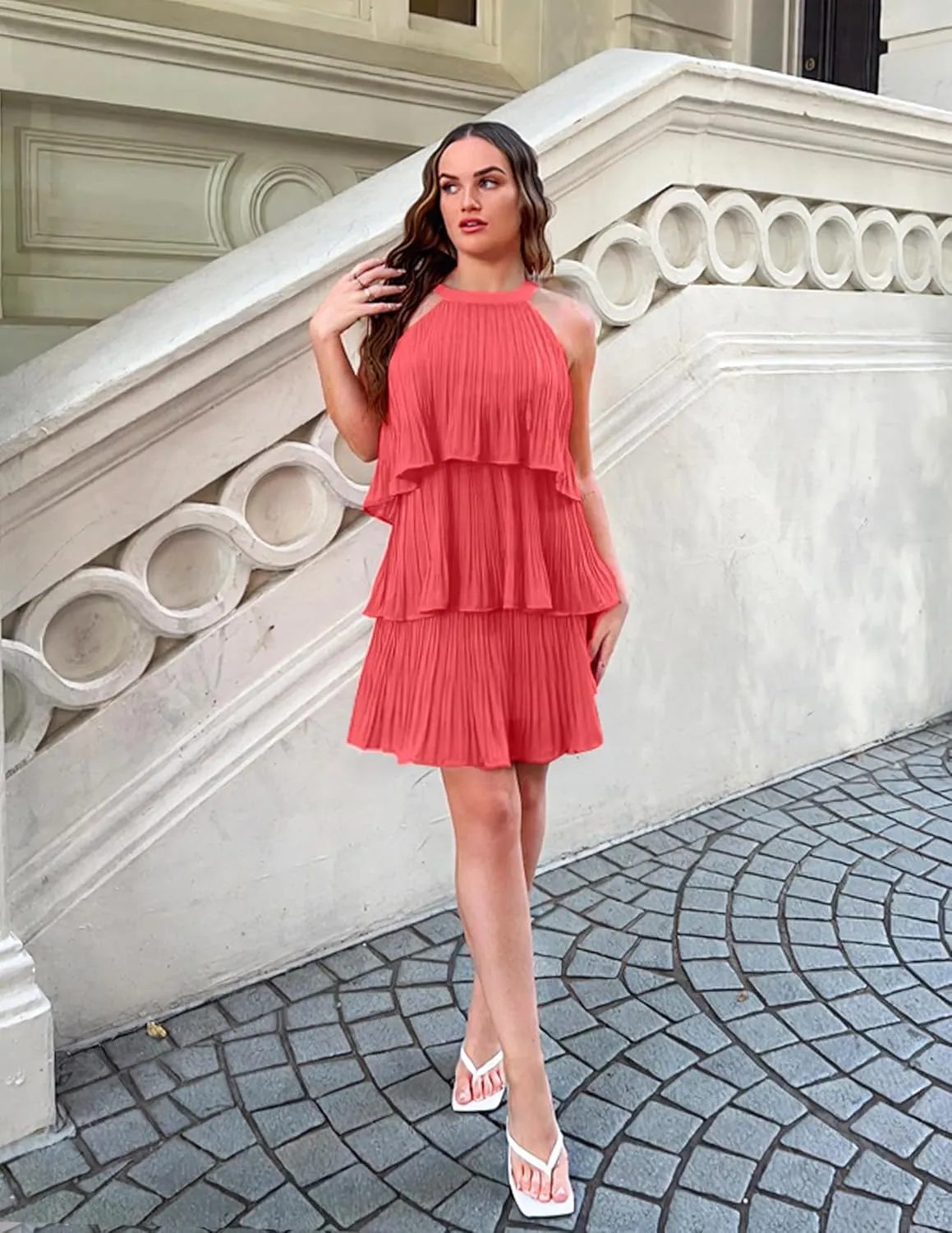 ZESICA Women's 2025 Summer Halter Dresses Sleeveless Ruffle Tiered Layered Chiffon Pleated A Line Swing Mini Dress