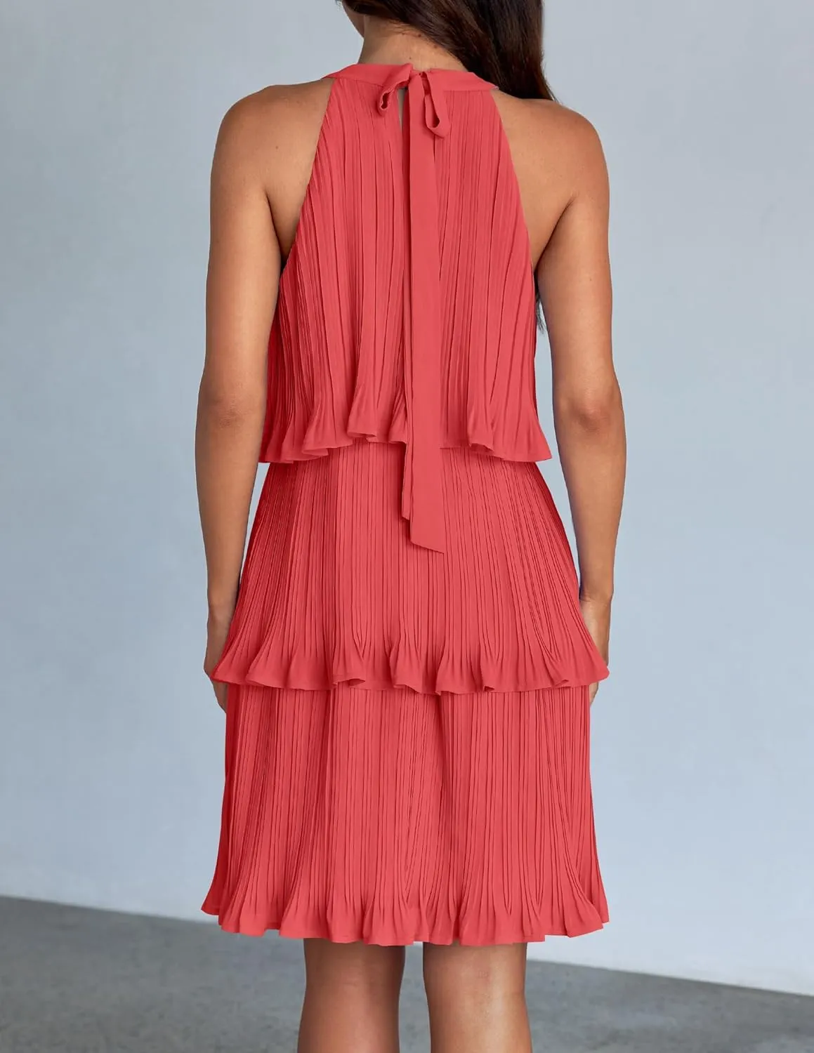 ZESICA Women's 2025 Summer Halter Dresses Sleeveless Ruffle Tiered Layered Chiffon Pleated A Line Swing Mini Dress