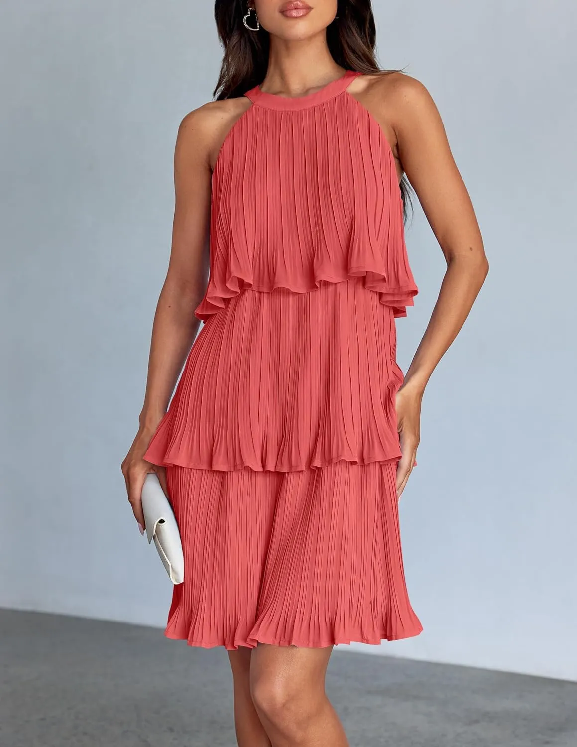ZESICA Women's 2025 Summer Halter Dresses Sleeveless Ruffle Tiered Layered Chiffon Pleated A Line Swing Mini Dress