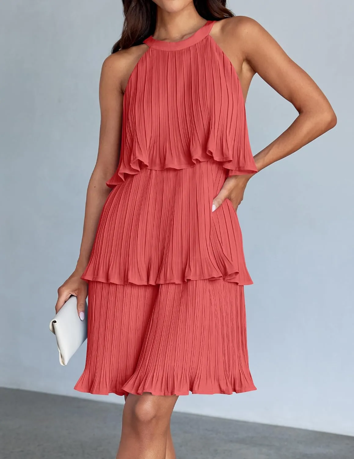 ZESICA Women's 2025 Summer Halter Dresses Sleeveless Ruffle Tiered Layered Chiffon Pleated A Line Swing Mini Dress