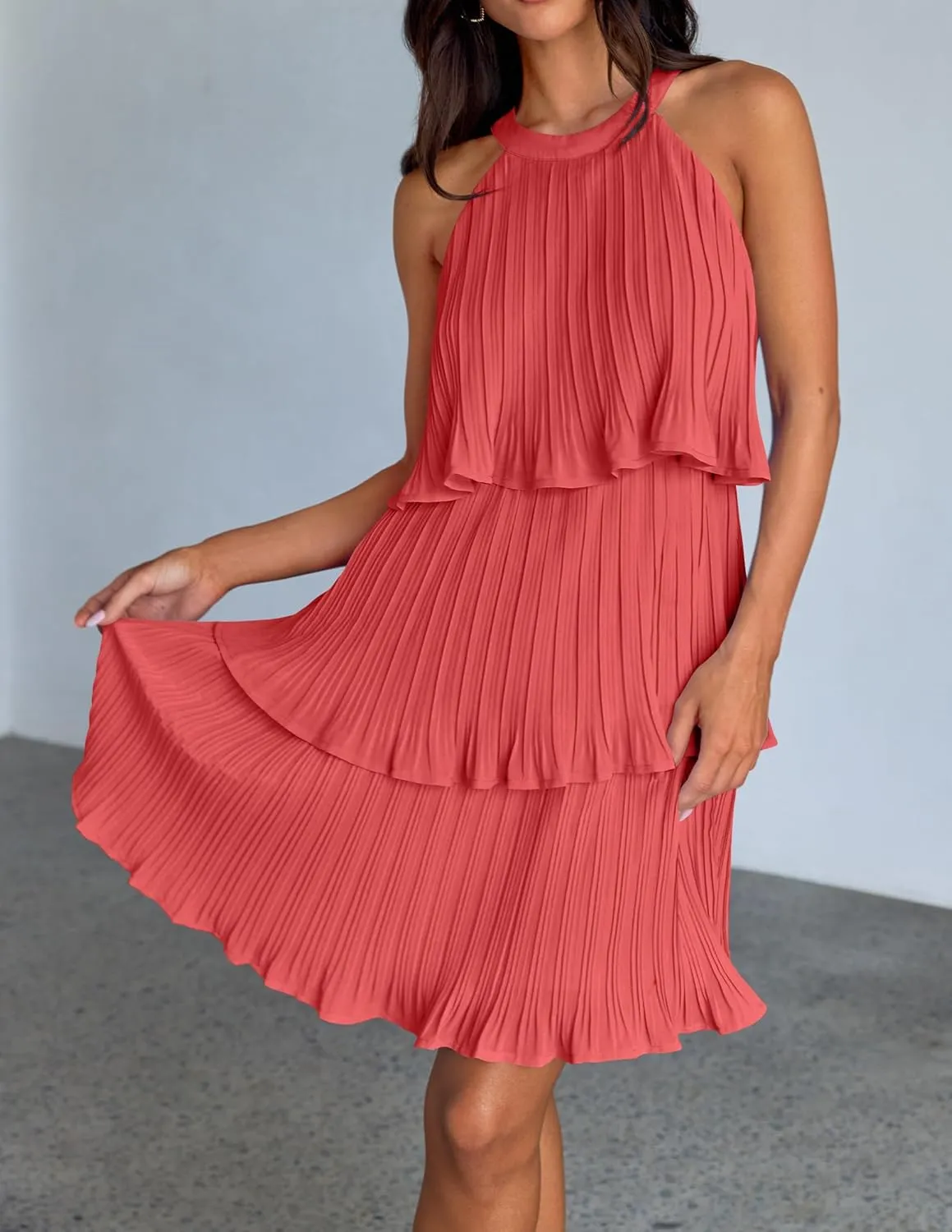 ZESICA Women's 2025 Summer Halter Dresses Sleeveless Ruffle Tiered Layered Chiffon Pleated A Line Swing Mini Dress