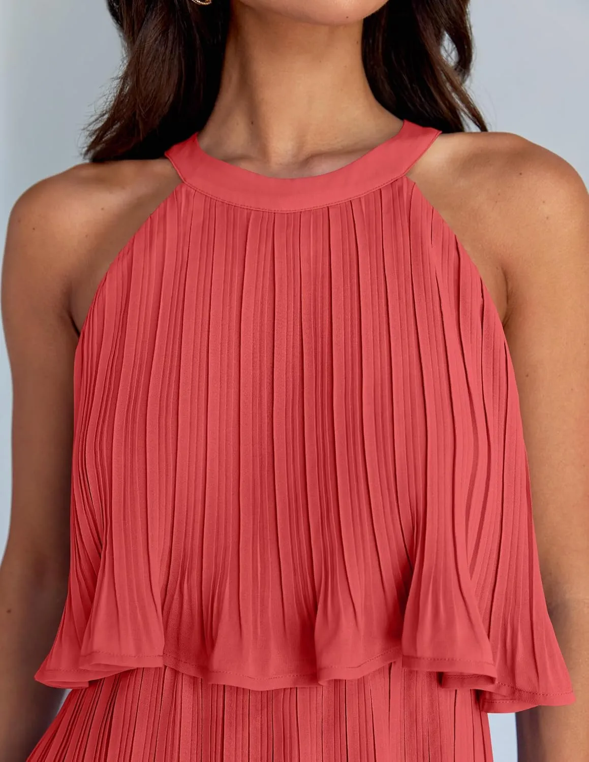 ZESICA Women's 2025 Summer Halter Dresses Sleeveless Ruffle Tiered Layered Chiffon Pleated A Line Swing Mini Dress